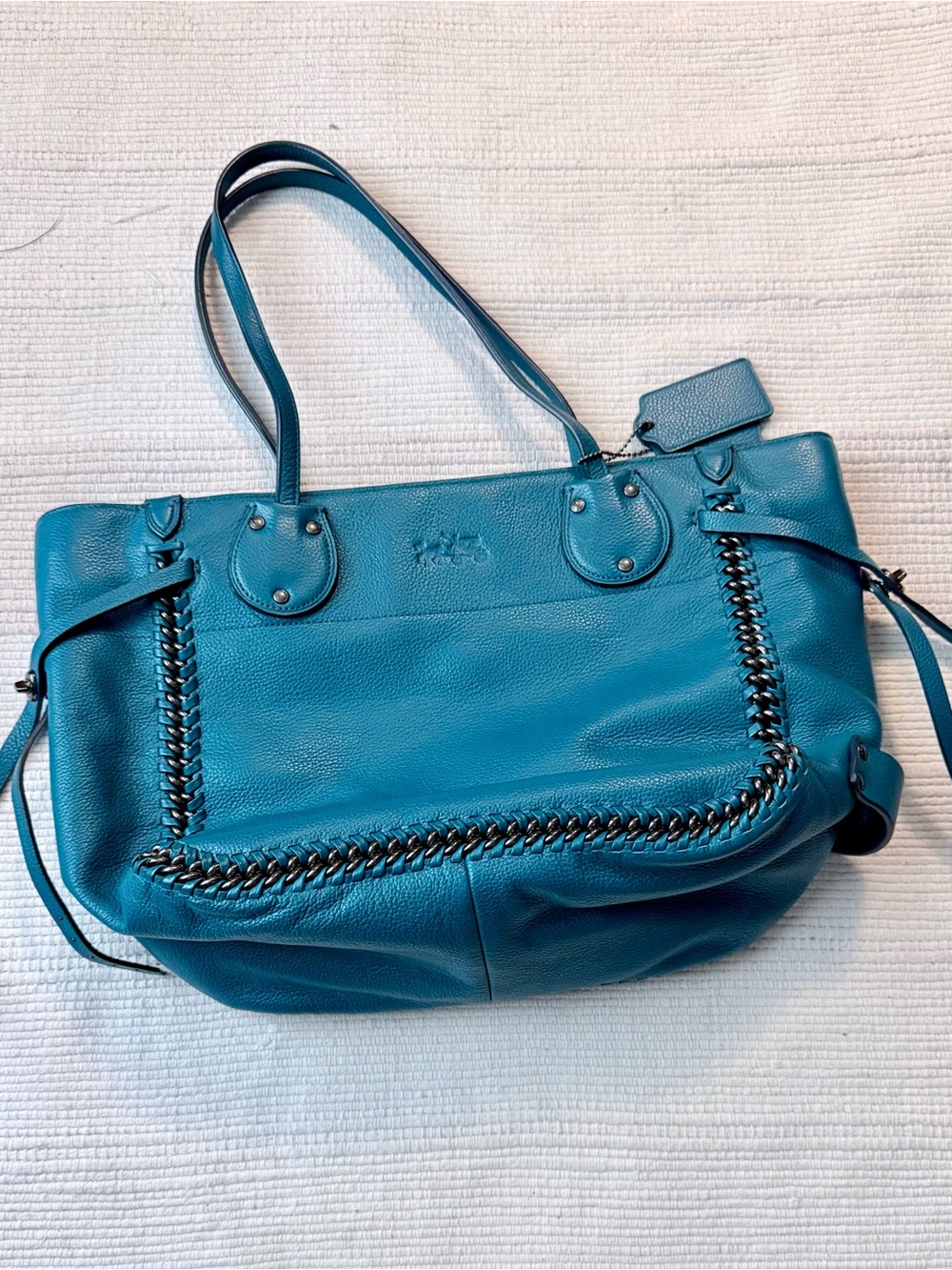Coach Teal Blue Leather Braided-Trim Shoulder Tote